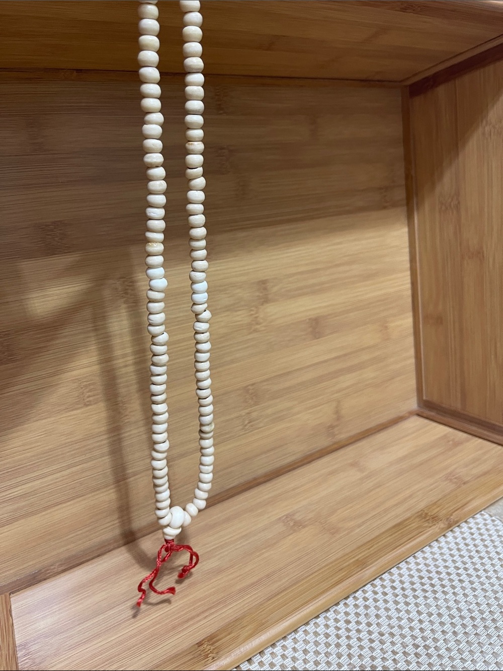 Beige Wood Beaded Necklace with Red Tassel